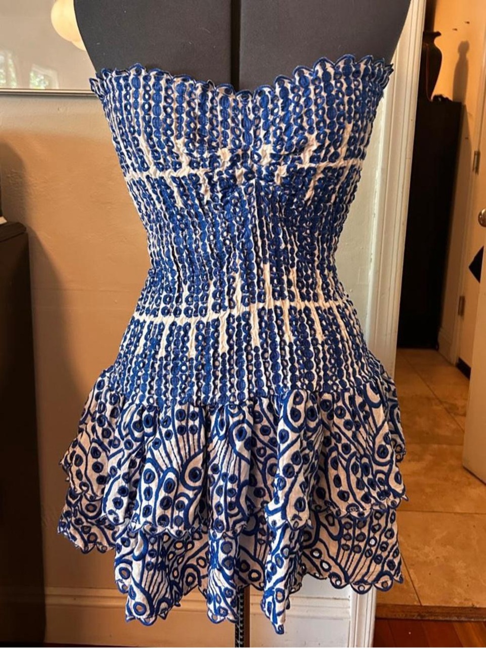Strapless Blue & White Smocked Tiered Sundress